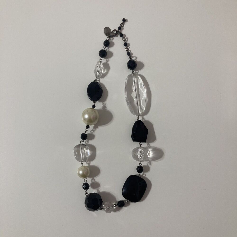 White House Black Market Faux Pearl Black Acrylic Beaded Statement Necklace Mod